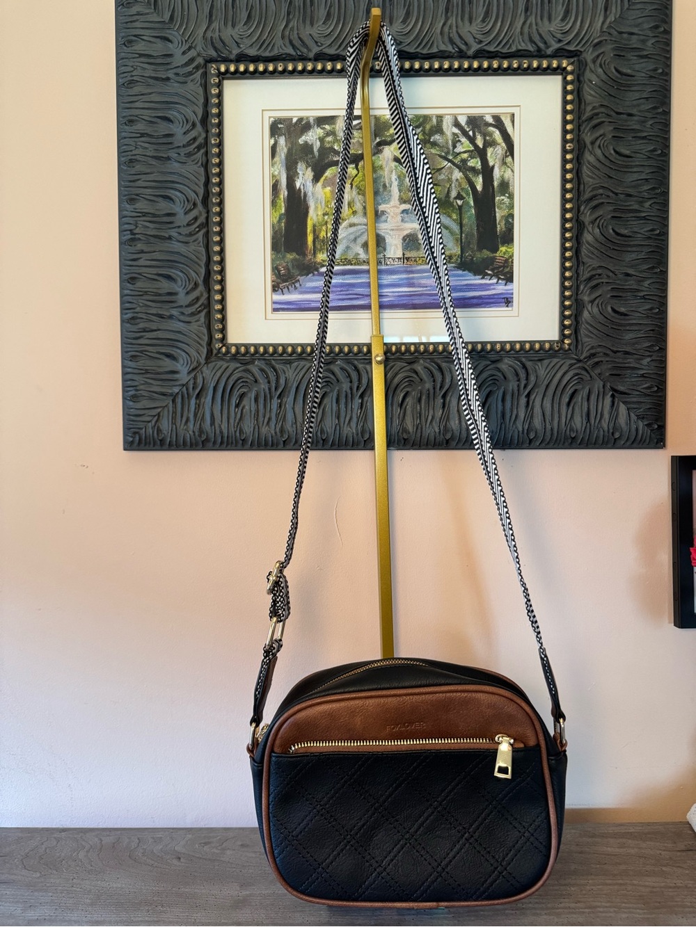 Fox Lover Black & Brown Crossbody Bag w/ Black and White Guitar Strap.